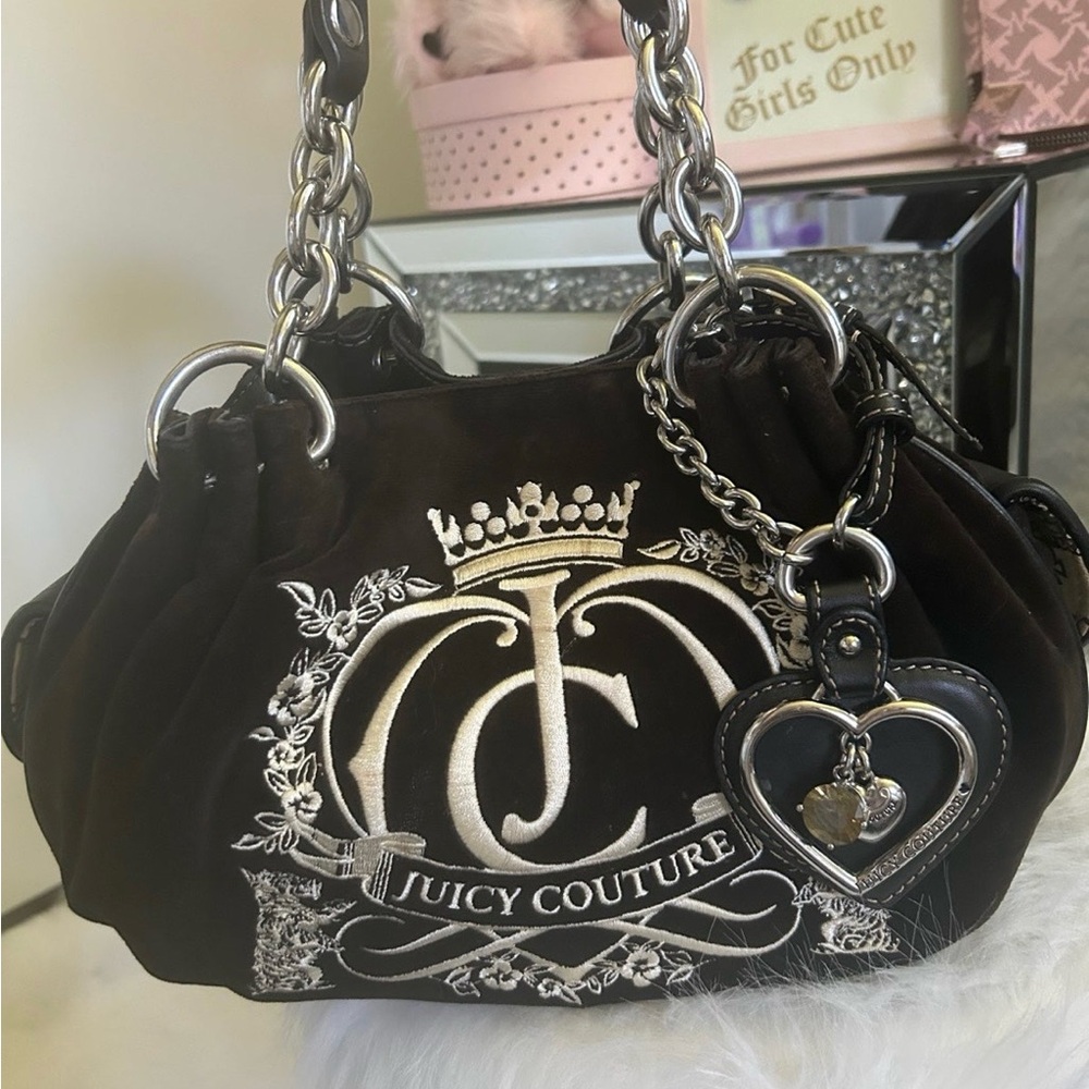 Juicy Couture Black Velvet Logo Shoulder Bag with Heart Charm